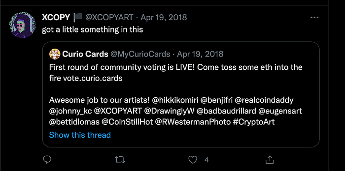 Early tweets about XCOPY and CurioCards