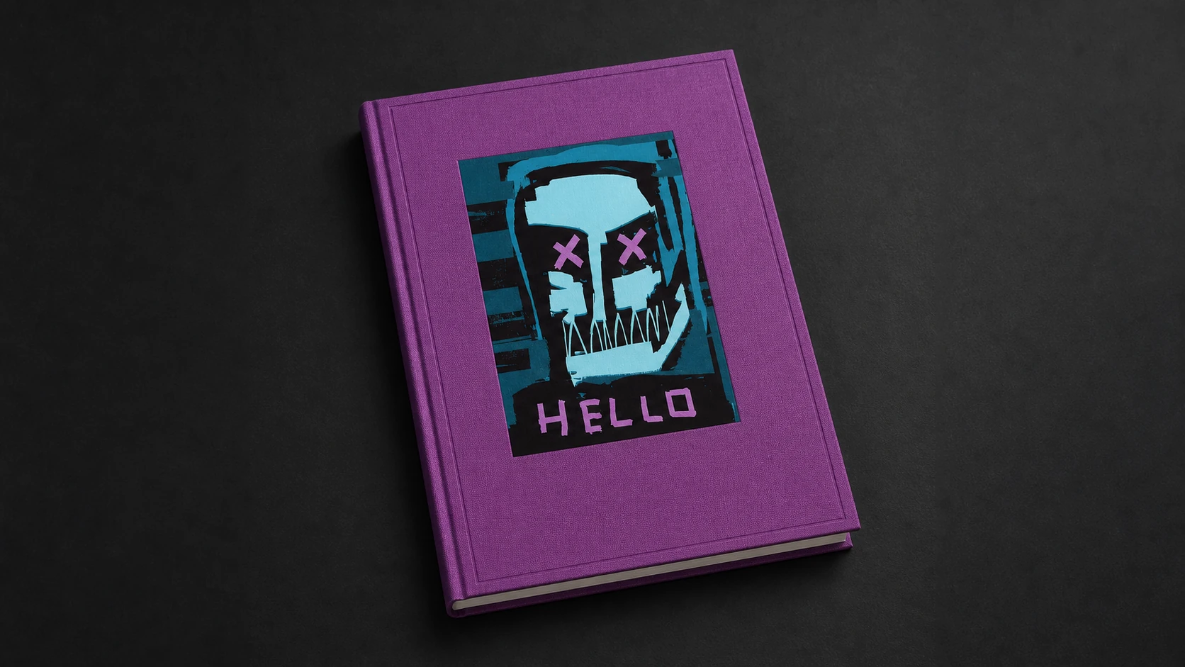 Purple XCOPY hardcover art book lying flat on a black surface