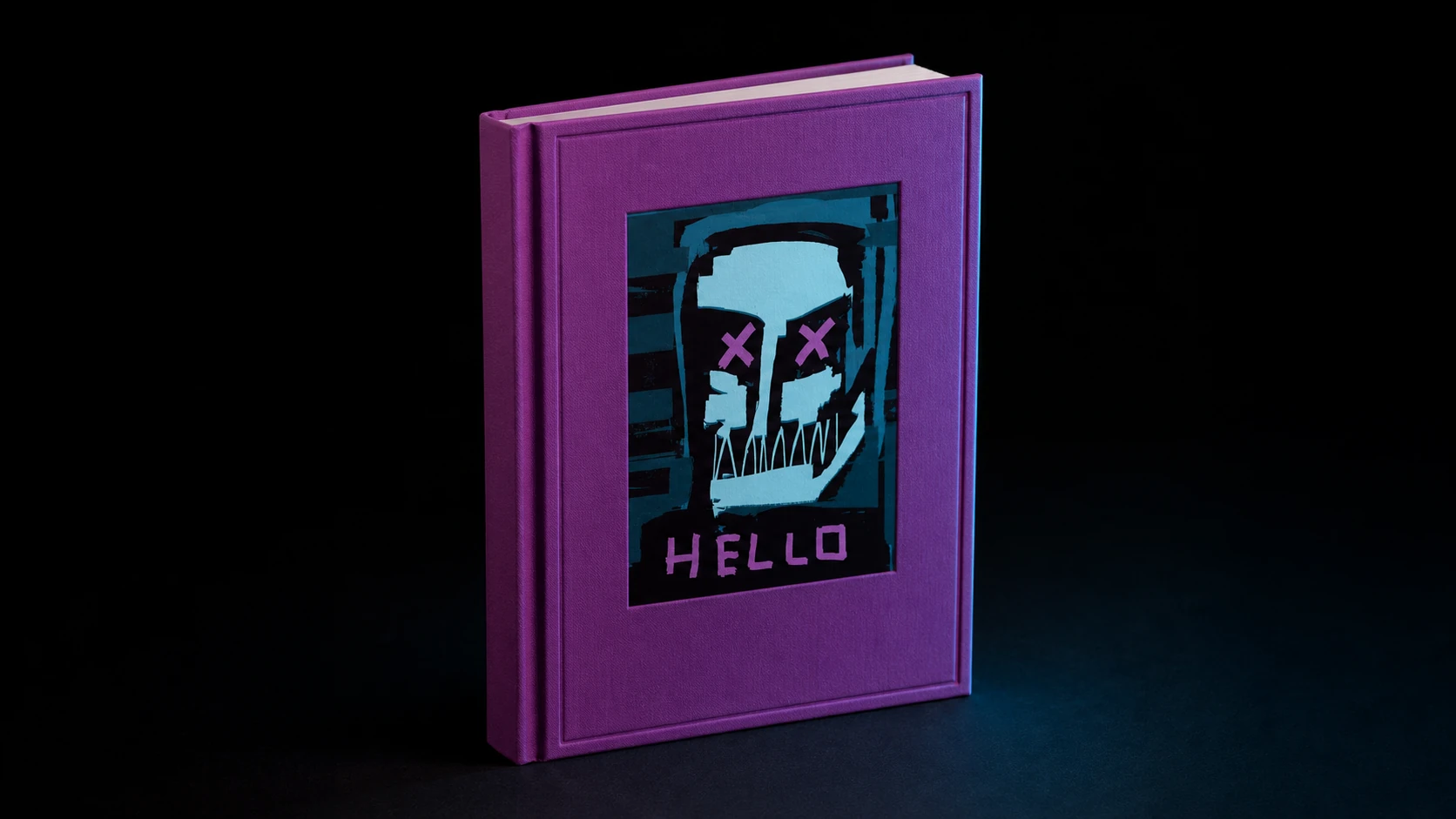 Purple XCOPY hardcover art book standing against a dark background