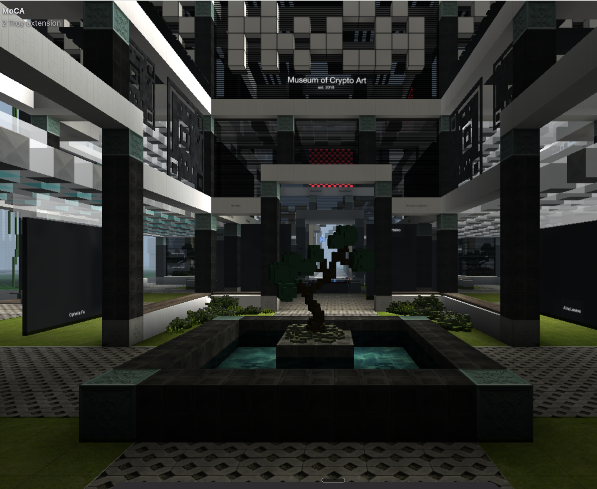 Interior of Benoît Couty’s Museum of Crypto Art in Voxels, with multi-level galleries surrounding a central tree and pool.