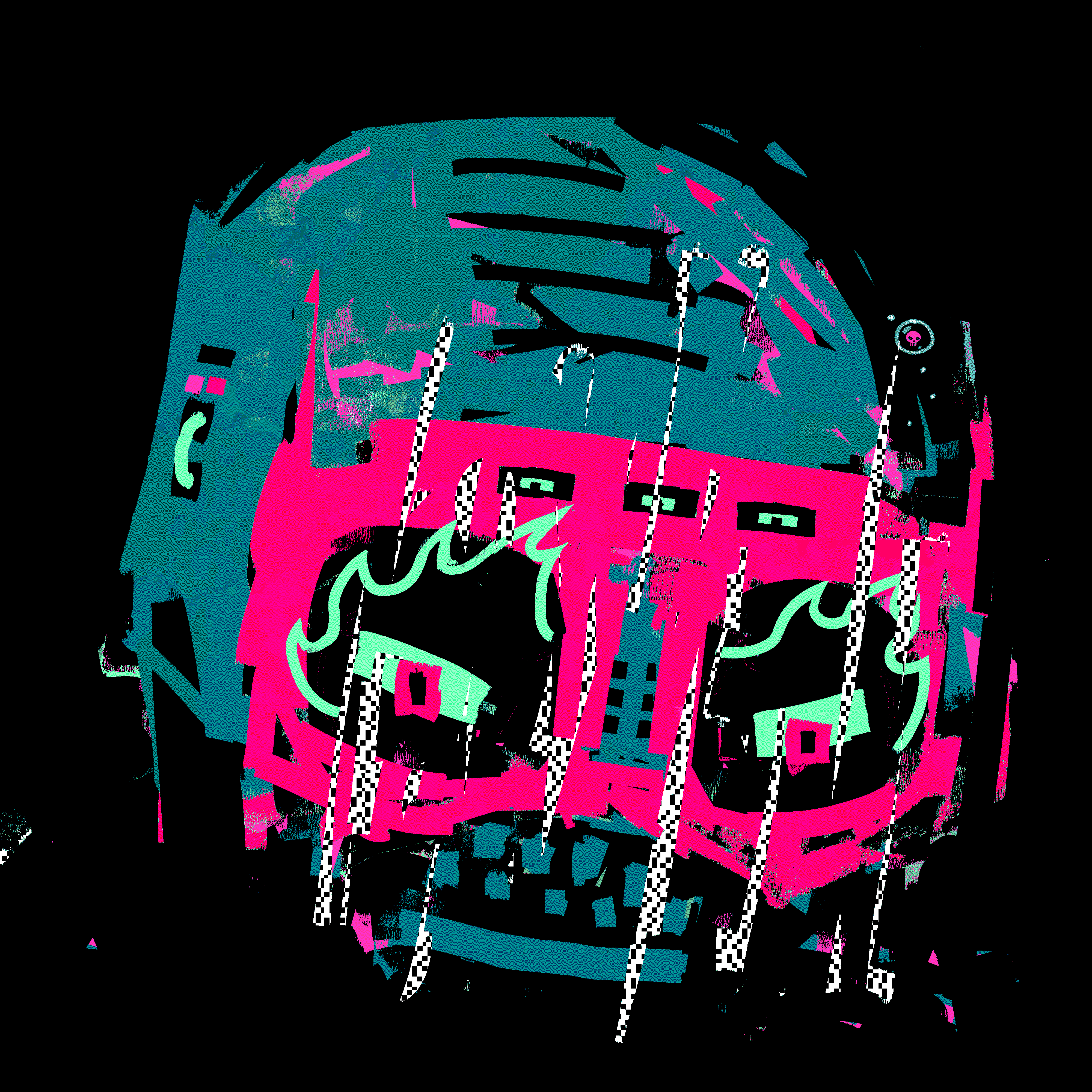 XCOPY, MAX PAIN, 2022, an animated glitch image of a distorted skull-like face in harsh flickering colour. Animated.
