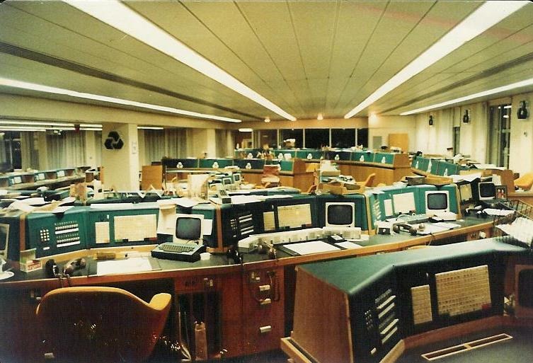 Computer terminals and desks at the World Money Centre, London, 1981